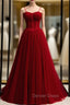 A Line Burgundy Tulle Spaghetti Straps Pleats Prom Dresses