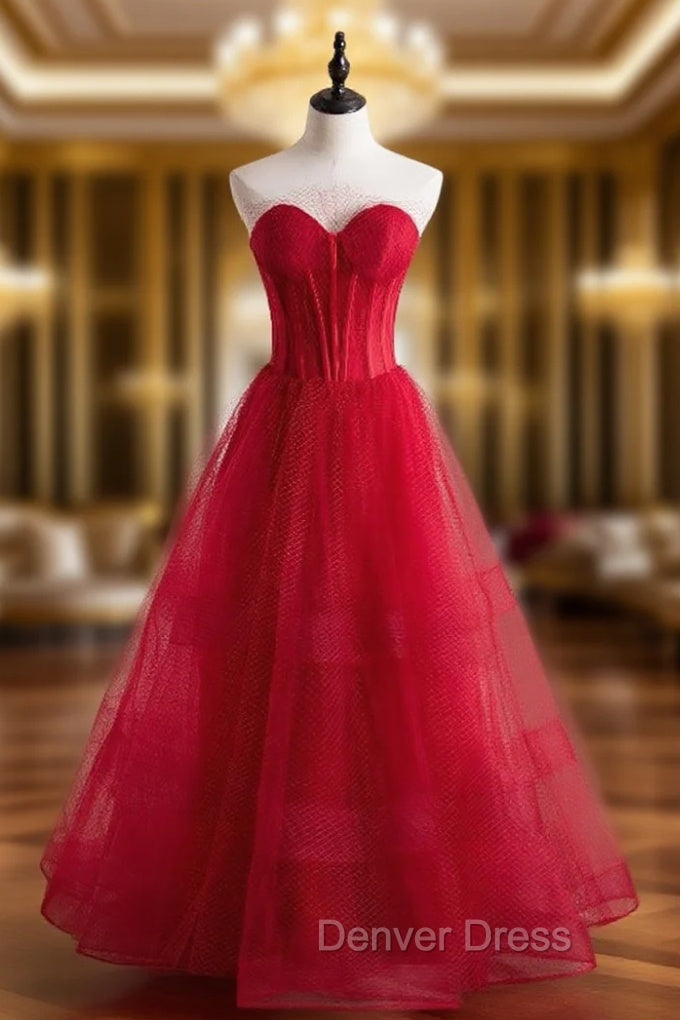 A-Line Burgundy Tulle Sweetheart Prom Dresses Main image