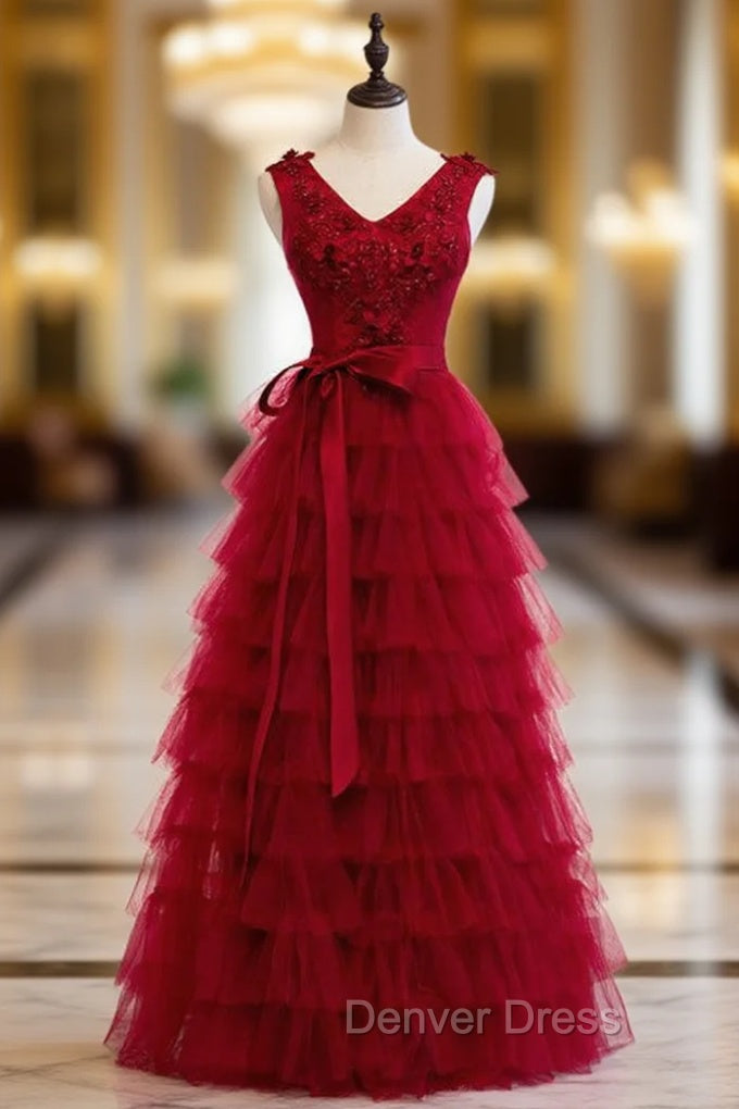 A-Line Burgundy Tulle Tiers Appliques Beading Prom Dresses