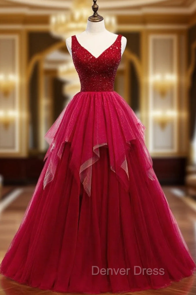 A Line Burgundy Tulle V Neck Backless Beading Prom Dresses Main image