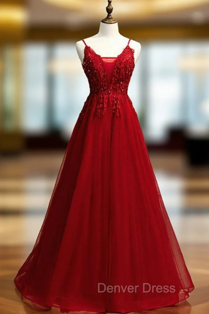 A Line Burgundy Tulle V Neck Embrodiery Prom Dresses
