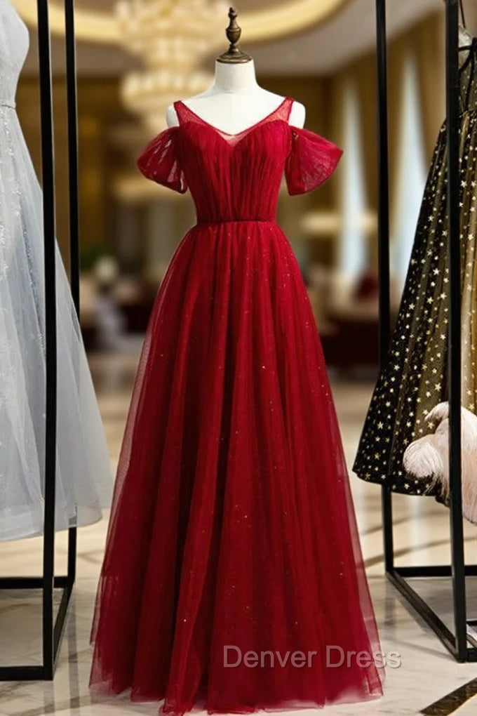 A-Line Burgundy Tulle V-neck Long Prom Dresses Main image
