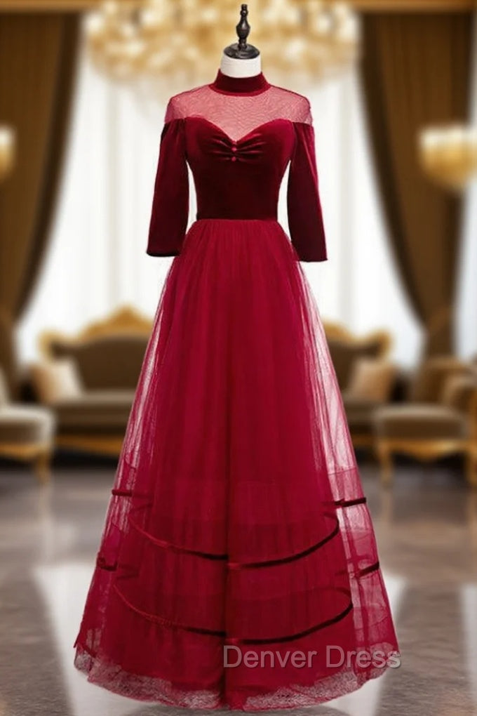 A-Line Burgundy Tulle Velvet High Neck Long Sleeve Prom Dresses