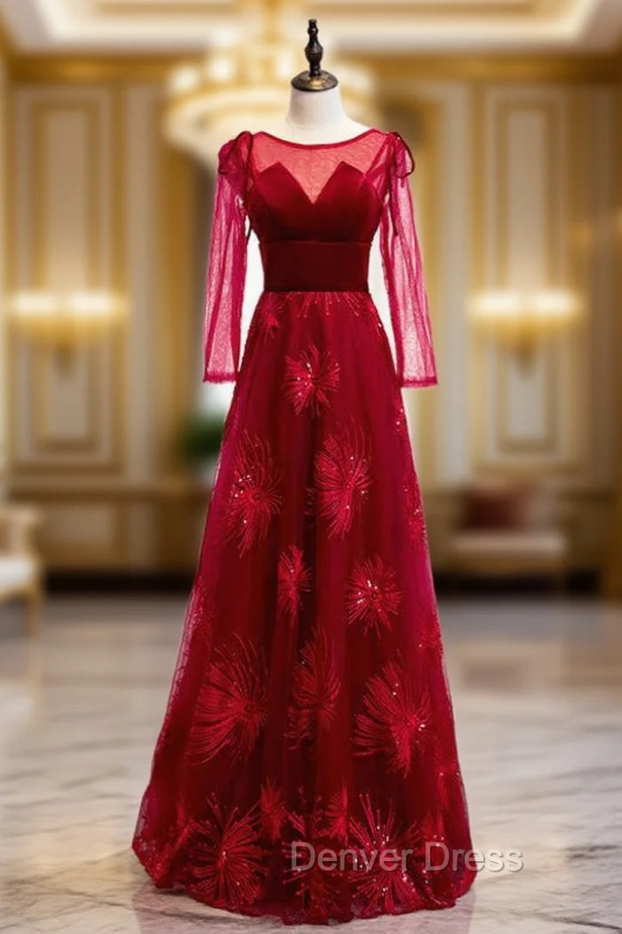 A-Line Burgundy Tulle Velvet Long Sleeve Prom Dresses Main image