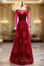 A-Line Burgundy Tulle Velvet Long Sleeve Prom Dresses