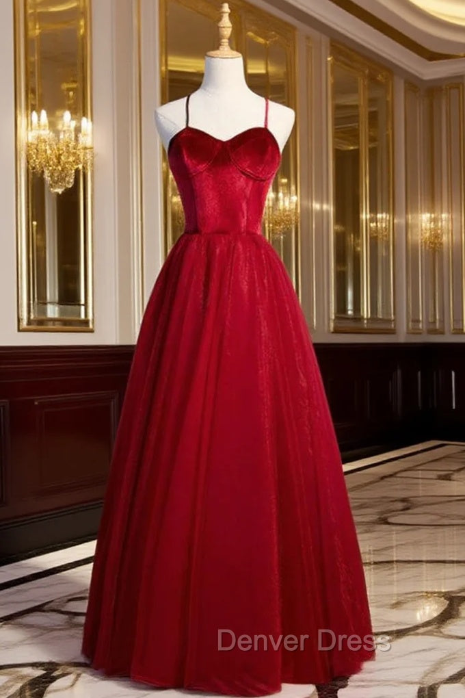 A-Line Burgundy Tulle Velvet Spaghetti Straps Prom Dresses Main image
