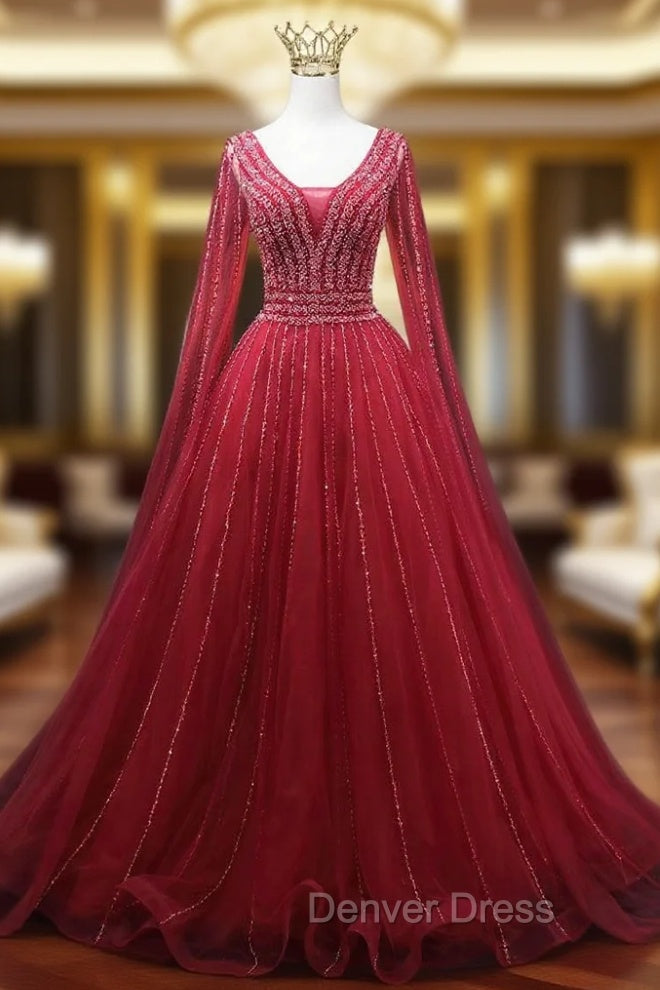 A-line Burgundy V-neck Beading Prom Dresses Main image