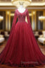 A Line Burgundy V Neck Beading Prom Dresses