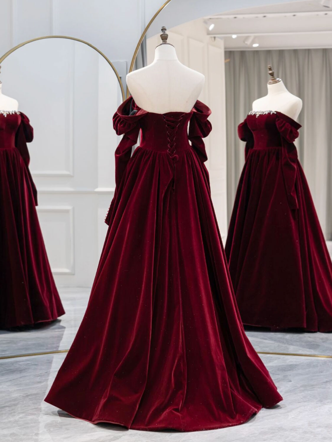 A-Line Burgundy Velvet Long Prom Dresses, Burgundy Evening Dresses