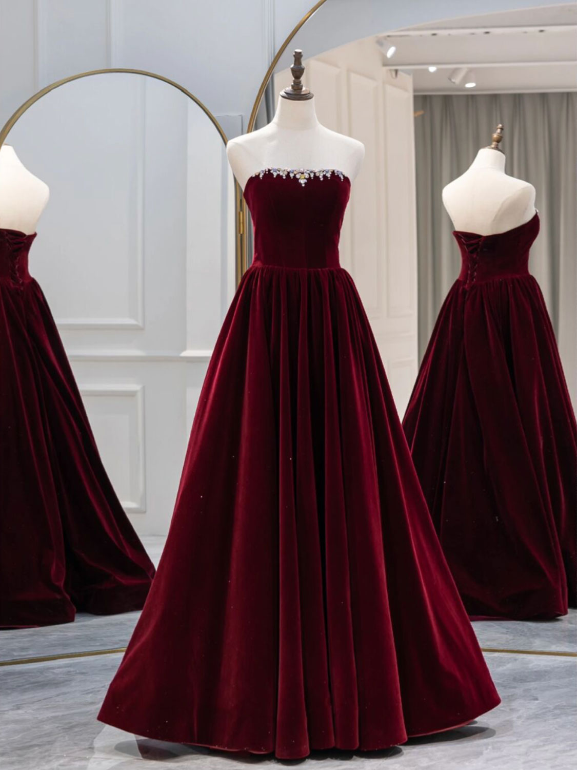 A-Line Burgundy Velvet Long Prom Dresses, Burgundy Evening Dresses