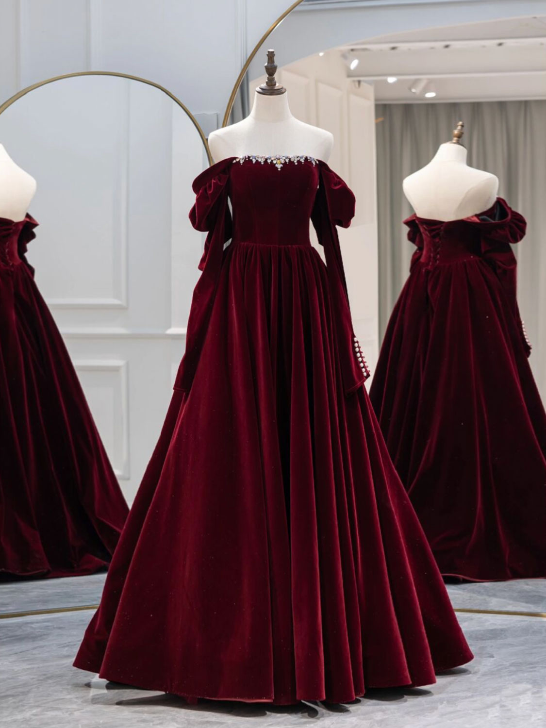 A-Line Burgundy Velvet Long Prom Dresses, Burgundy Evening Dresses Main image