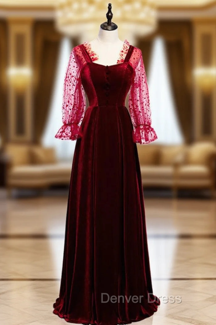A-Line Burgundy Velvet Long Sleeve Backless Prom Dresses