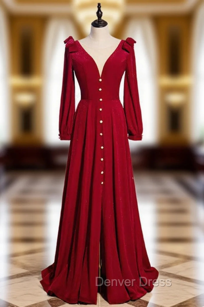 A-Line Burgundy Velvet Long Sleeve Prom Dresses With Split