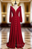 A-Line Burgundy Velvet Long Sleeve Prom Dresses With Split