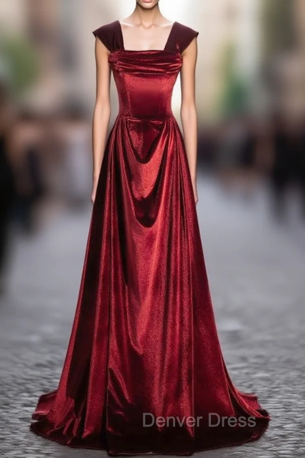 A-Line Burgundy Velvet Off the Shoulder Pleats Prom Dresses Main image