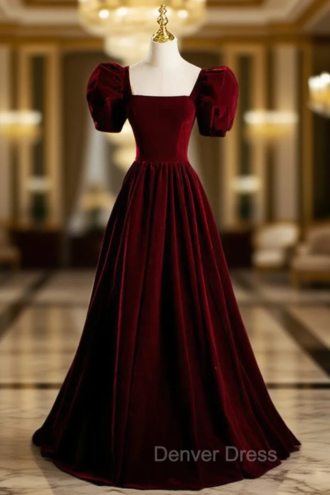 A-Line Burgundy Velvet Puff Sleeve Prom Dresses Main image