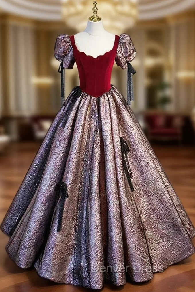 A-Line Burgundy Velvet Short Sleeve Bow Prom Dresses Main image