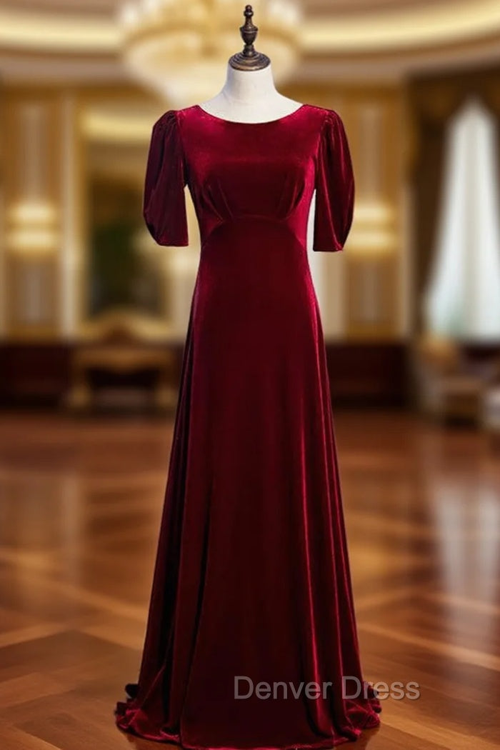 A Line Burgundy Velvet Short Sleeve Pleats Prom Dresses