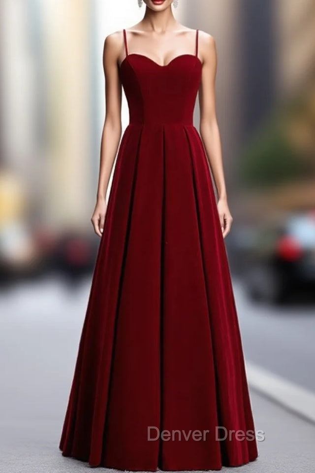 A-Line Burgundy Velvet Spagehtti Straps Pleats Prom Dresses Main image