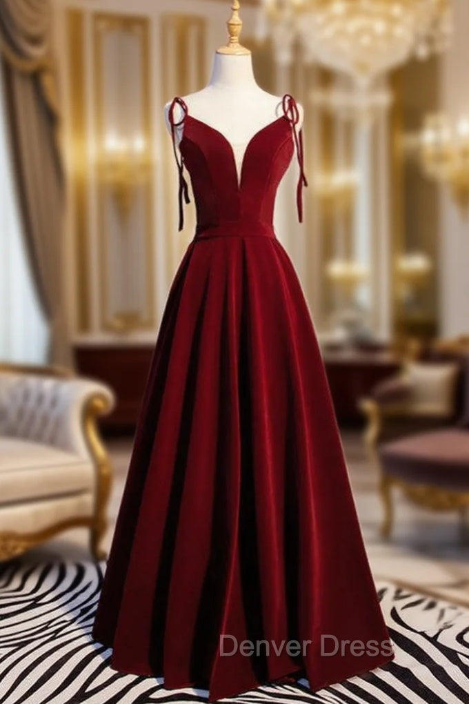 A Line Burgundy Velvet Spaghetti Straps Prom Dresses Main image