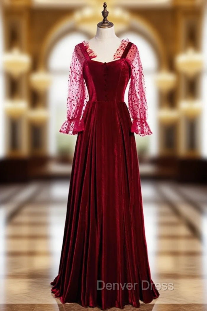 A-Line Burgundy Velvet Square Long Sleeve Wave Point Prom Dresses