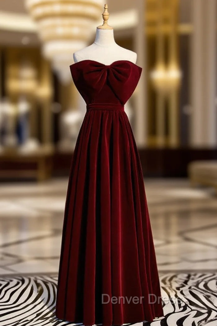 A Line Burgundy Velvet Strapless Long Prom Dresses With Bow