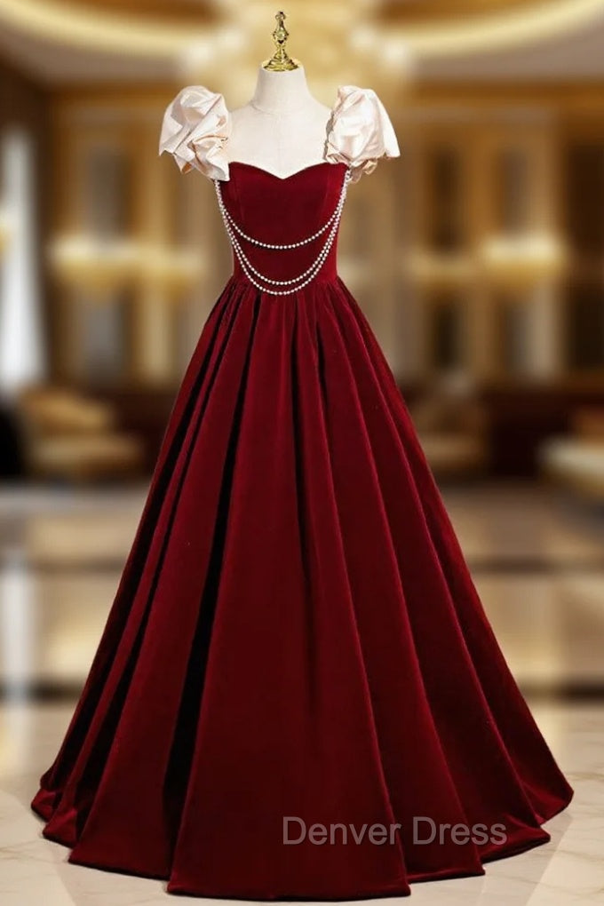 A-Line Burgundy Velvet Straps Pearls Prom Dresses Main image