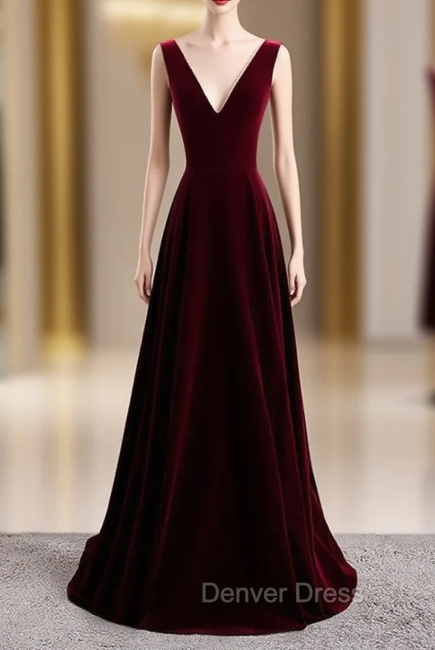 A-Line Burgundy Velvet V-neck Backless Prom Dresses Main image