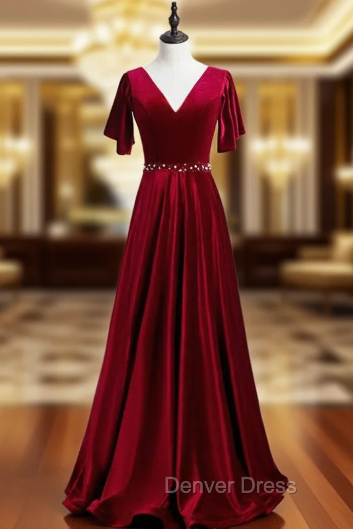 A Line Burgundy Velvet V Neck Beading Sequins Prom Dresses Main image