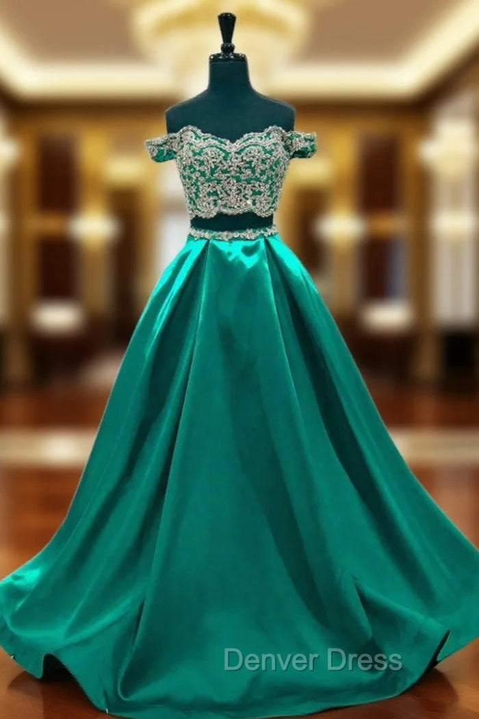 A-line Cap Sleeve Beaded Lace Green Two Piece Prom Dresses Main image