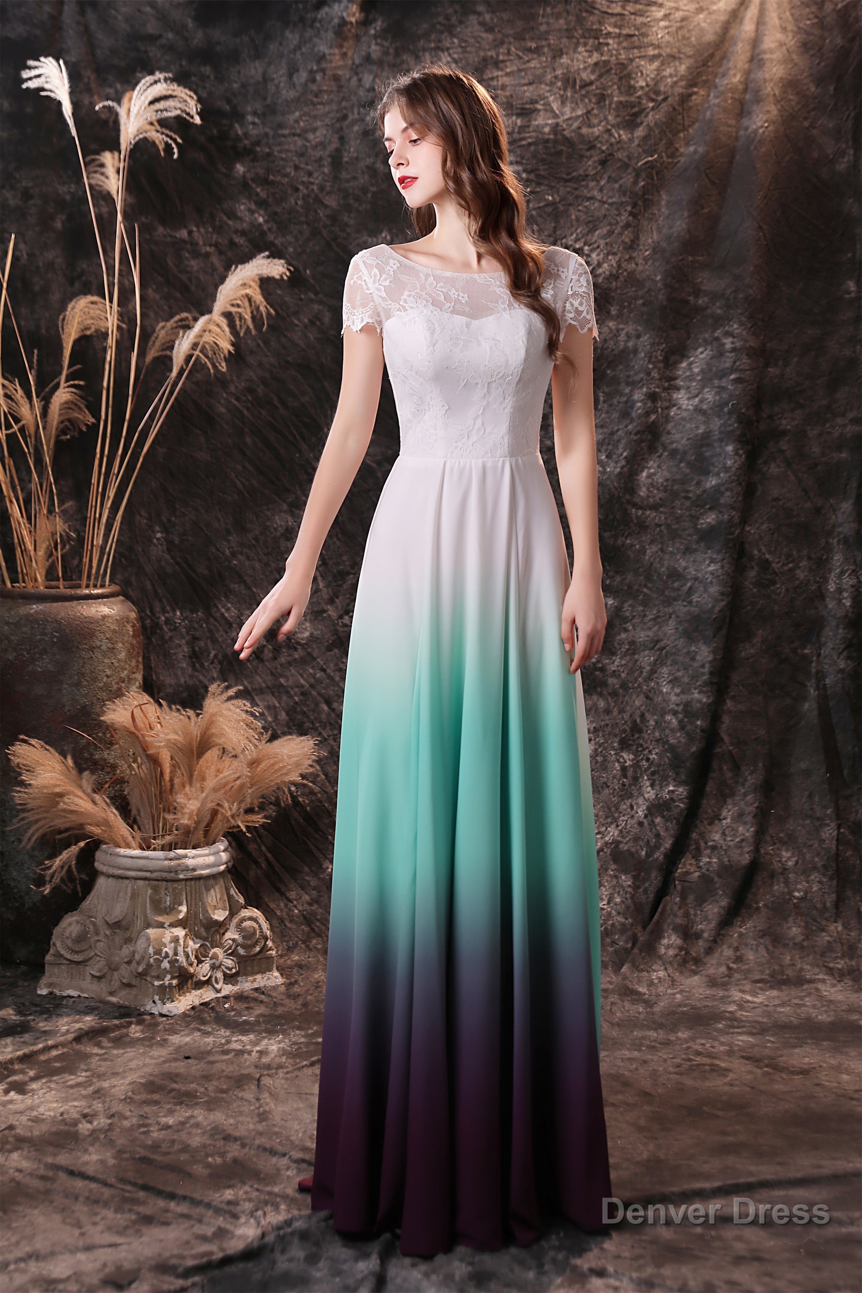 A Line Cap Sleeve Ombre Silk Floor Length Prom Dresses Secondary image