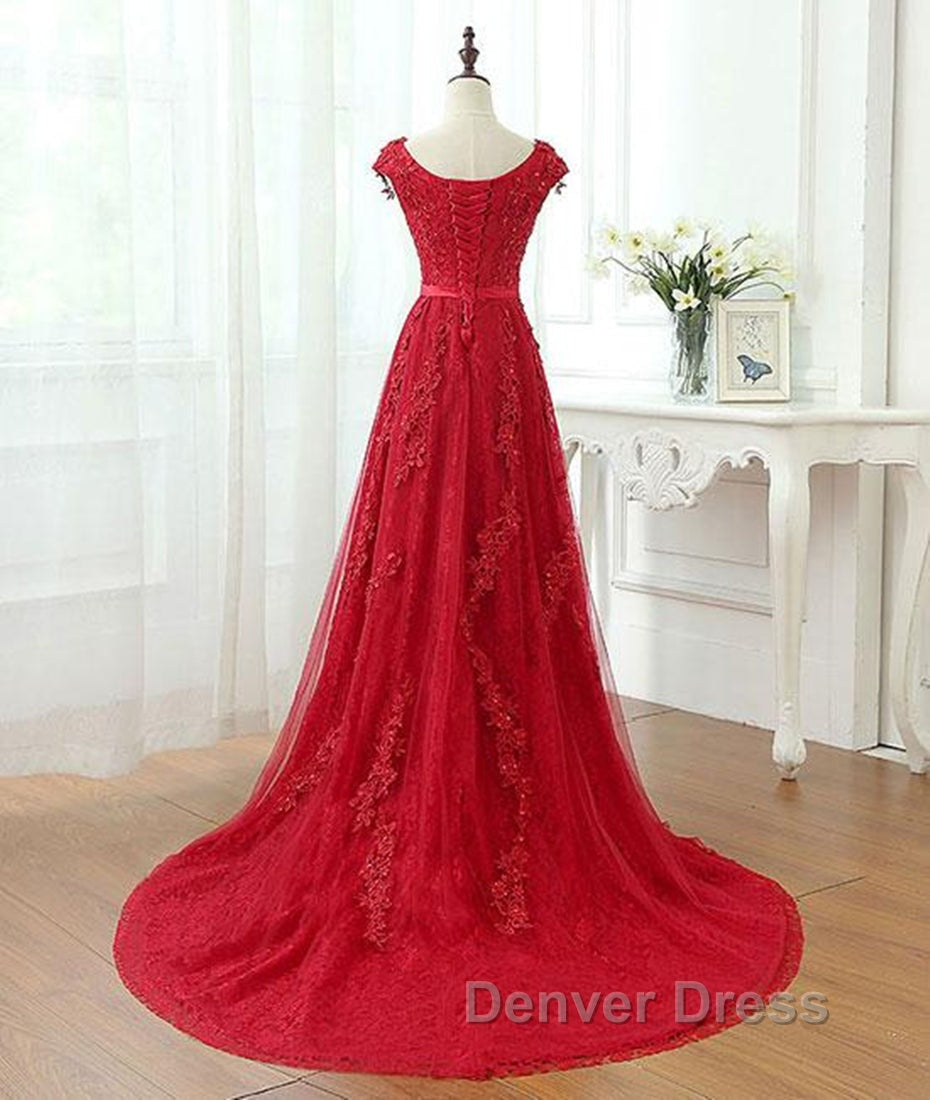 A Line Cap Sleeves Burgundy Lace Long Prom Dress with Appliques, Burgundy Prom Dress, Burgundy Prom Dresses Secondary image