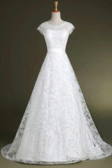 A-Line Cap Sleeves Sweep Train Lace Wedding Dress With Sash