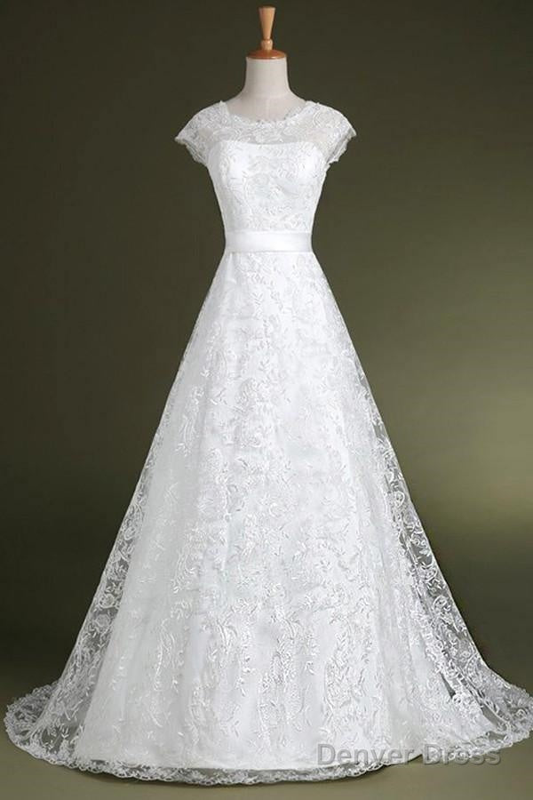 A-Line Cap Sleeves Sweep Train Lace Wedding Dress With Sash