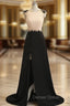 A-Line Champagne Black Cap Sleeve Backless Long Prom Dresses