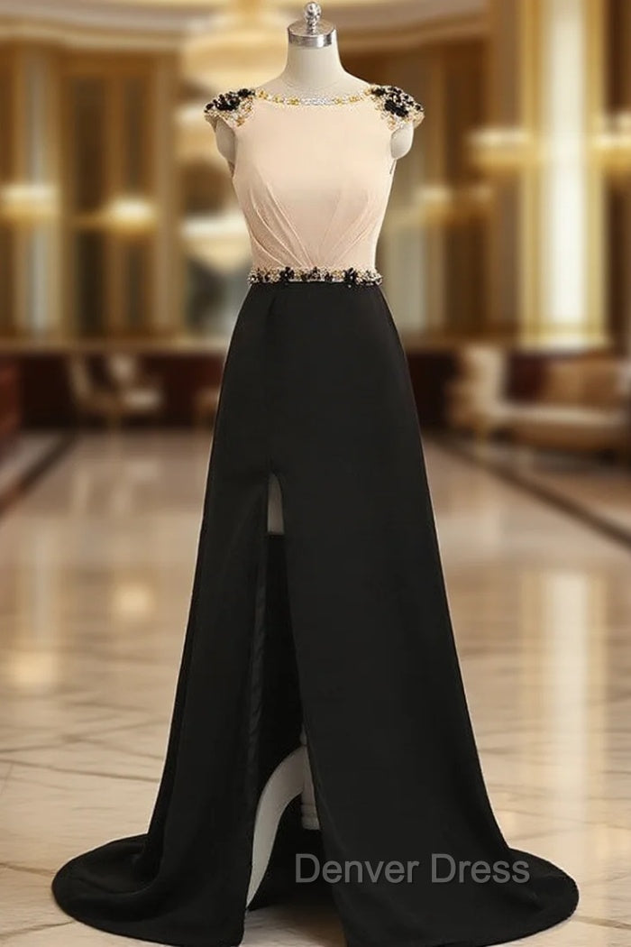 A Line Champagne Black Cap Sleeve Backless Long Prom Dresses Main image