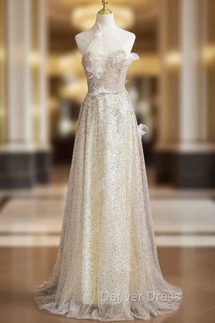 A-line Champagne Halter Sequins Prom Dresses Main image