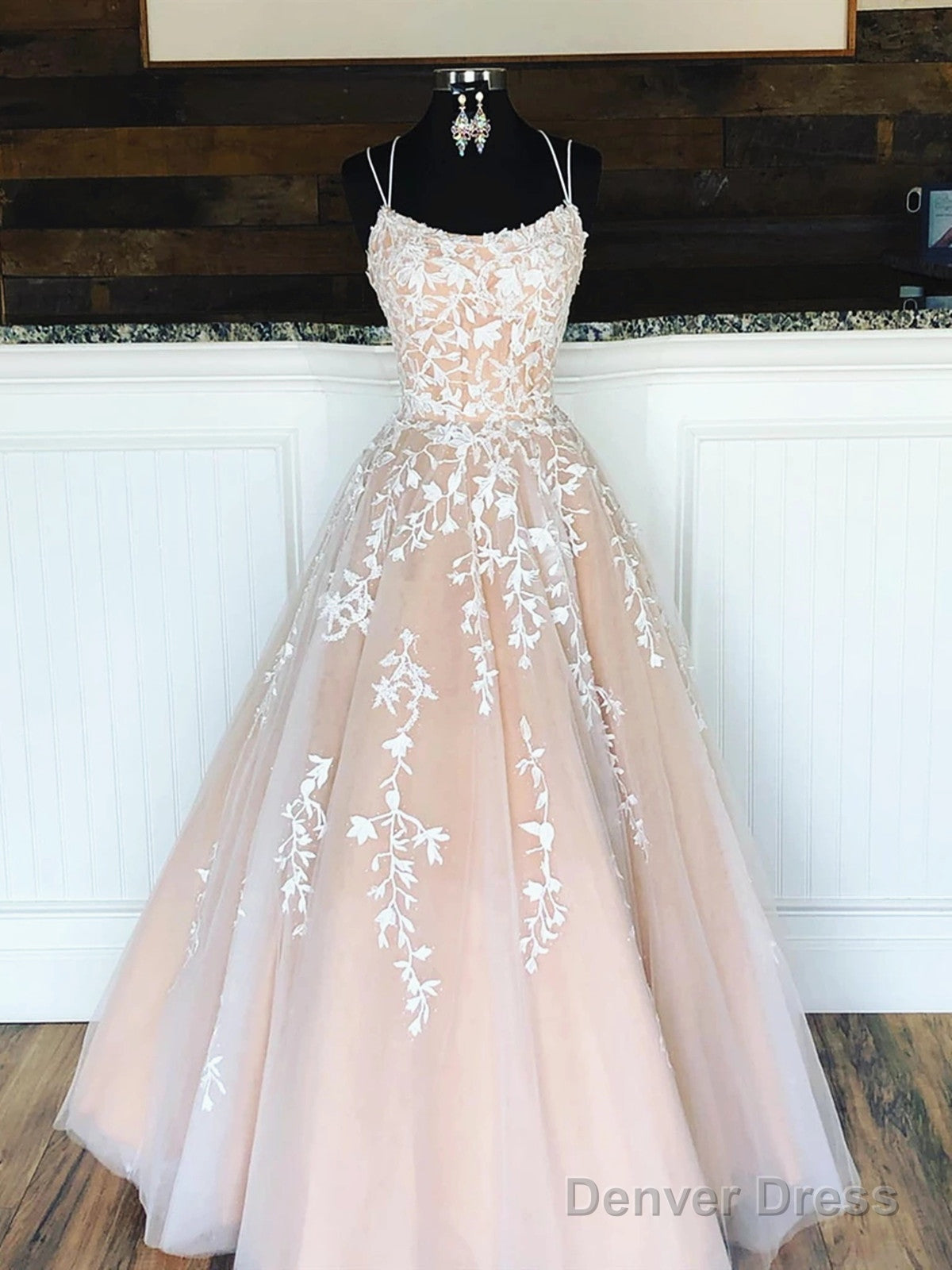 A Line Champagne Lace Wedding Dress, Champagne Lace Prom Dresses With Corset Back Main image