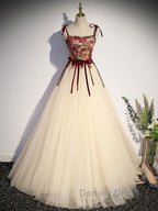 A Line champagne long prom Dress, champagne tulle Prom Dresses