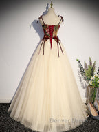 A Line champagne long prom Dress, champagne tulle Prom Dresses