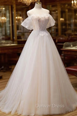 A Line Champagne Long Prom Dresses, Lace Champagne Long Formal Dresses