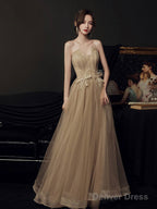 A Line Champagne Long Prom Dress Lace Long Formal Dress