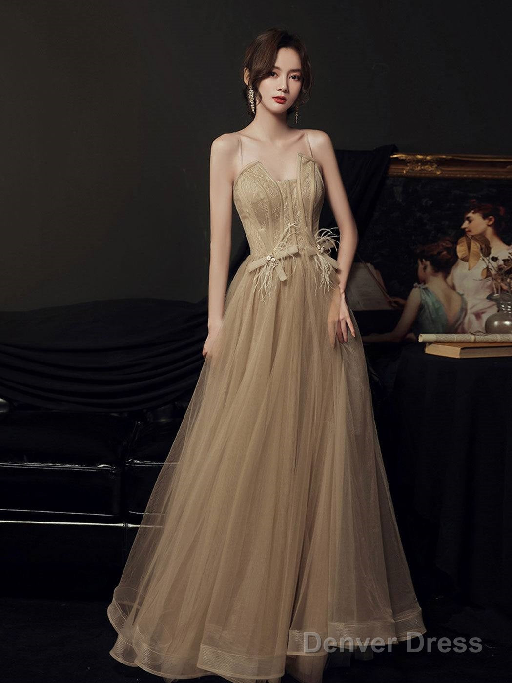 A Line Champagne Long Prom Dress Lace Long Formal Dress