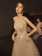 A Line Champagne Long Prom Dress Lace Long Formal Dress