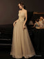 A Line Champagne Long Prom Dress Lace Long Formal Dress