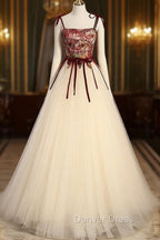 A Line Champagne Long Prom Dresses, Champagne Prom Gowns With Beading Velvet