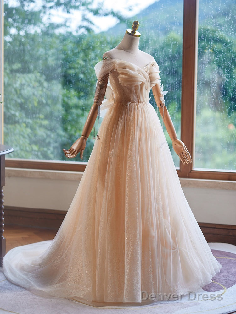 A Line Champagne Off The Shoulder Ruched Long Prom Dresses Secondary image