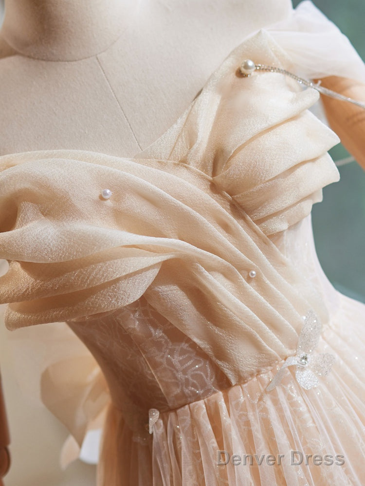 A Line Champagne Off The Shoulder Ruched Long Prom Dresses