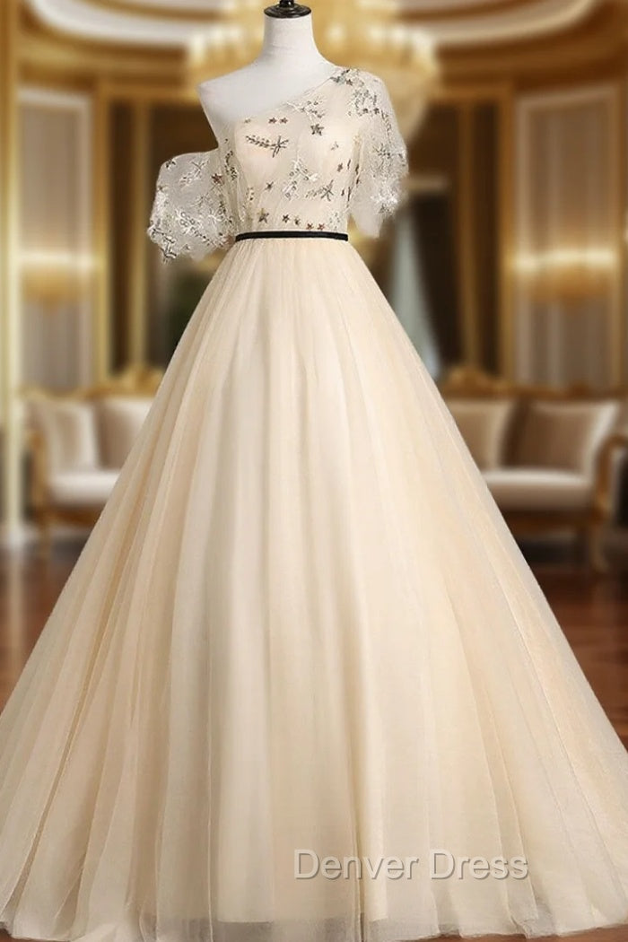 A-line Champagne One Shoulder Prom Dresses, Long Party Dresses