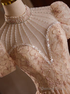 A-Line Champagne Pink Tulle Lace Tea Length Prom Dress With Beads